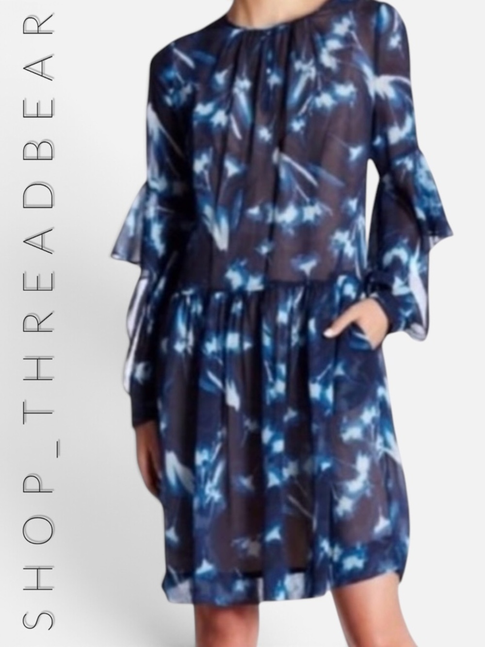 NWT [BCBG] 100% SILK! Navy Blue Long Sleeve Floral Midi Dress + Pockets | Small